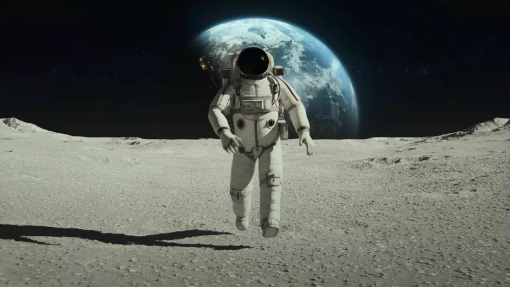 Earth Planet as seen from Moon surface. The surface of Moon, strewn with small rocks and sand. Flight over Moon craters. Lunar outpost in the distance. Apollo Mission inspired. Following Shot of Brave Astronaut in Space Suit Confidently Walking on the Moon Surface. Space Planet as viewed from Moon surface. The surface of the moon, strewn with small rocks and sand. Flight over Moon craters. Moon surface, Desert, Cliffs, sand. Covered in Rocks. First Astronaut On the Moon Surface. Big Moment for the Human Race. Advanced Technologies, Space Exploration/ Travel, Colonisation Concept. NASA Public Domain Imagery. https://www.solarsystemscope.com/textures/ https://svs.gsfc.nasa.gov/cgi-bin/details.cgi?aid=4720