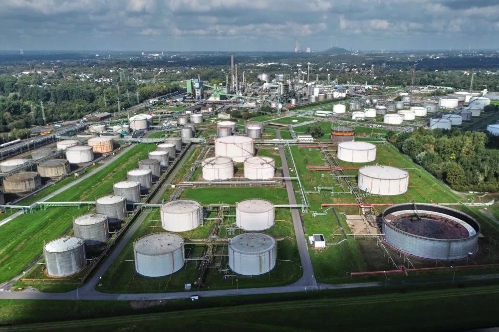A tank farm is pictured at the Klesch oil refinery (formerly BP) where diesel, gasoline and heating oil are produced in Gelsenkirchen, Germany, Friday, Oct. 2, 2026. (AP Photo/Martin Meissner)