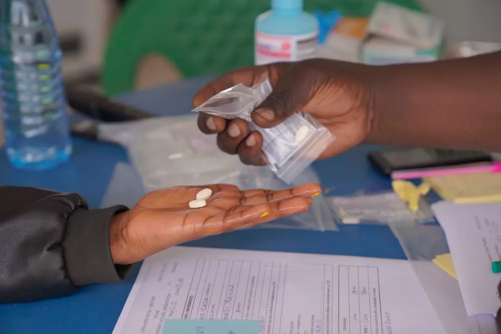 Pills are provided to enrolled patients during clinical trials attempting to stop the rare Bundibugyo virus, amidst a deadly Ebola outbreak, in Rwampara Hospital in Ituri, Congo, Thursday, Oct. 1, 2026. (AP Photo/Dieudonne Dirole)