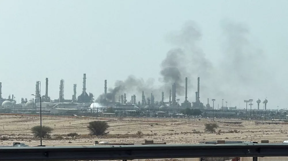 Smoke rises from a fire at the Aramco refinery south of Riyadh, Saudi Arabia, October 3, 2026. Picture taken with a mobile phone. REUTERD/Stringer