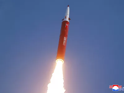 An intermediate-range missile is fired during a drill overseen by North Korean leader Kim Jong Un from the eastern region of the country toward the East Sea in North Korea, October 3, 2026, in this picture released by North Korea's official Korean Central News Agency. KCNA via REUTERS  ATTENTION EDITORS - THIS IMAGE WAS PROVIDED BY A THIRD PARTY. REUTERS IS UNABLE TO INDEPENDENTLY VERIFY THIS IMAGE. NO THIRD PARTY SALES. SOUTH KOREA OUT. NO COMMERCIAL OR EDITORIAL SALES IN SOUTH KOREA.