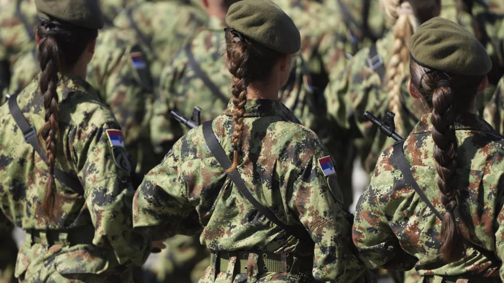 Serbian Army soldiers perform during a military parade in Belgrade, Serbia, Saturday, Sept. 20, 2025. (AP Photo/Darko Vojinovic)