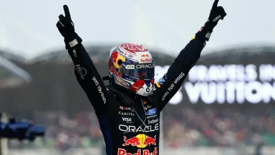 Formula One F1 - Bahrain Grand Prix - Sepang International Circuit, Sepang, Malaysia - October 4, 2026 Red Bull's Max Verstappen celebrates after winning the Bahrain Grand Prix