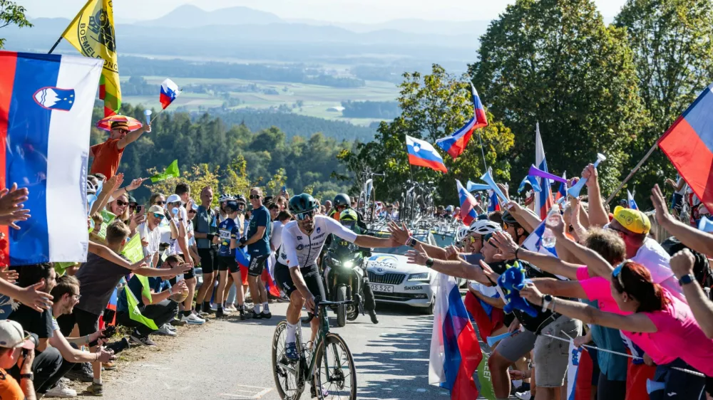 Slovenia's Luka Mezgec is pictured in action during the elite men Road Race race (196,2 km) at the cycling UEC Road European Championships, in Ljubljana, Slovenia Sunday 4 October 2026. The UEC Road European Championships are taking place from 02 to 07 October in Ljubljana, Slovenia.,Image: 1140567787, License: Rights-managed, Restrictions:, Model Release: no 
