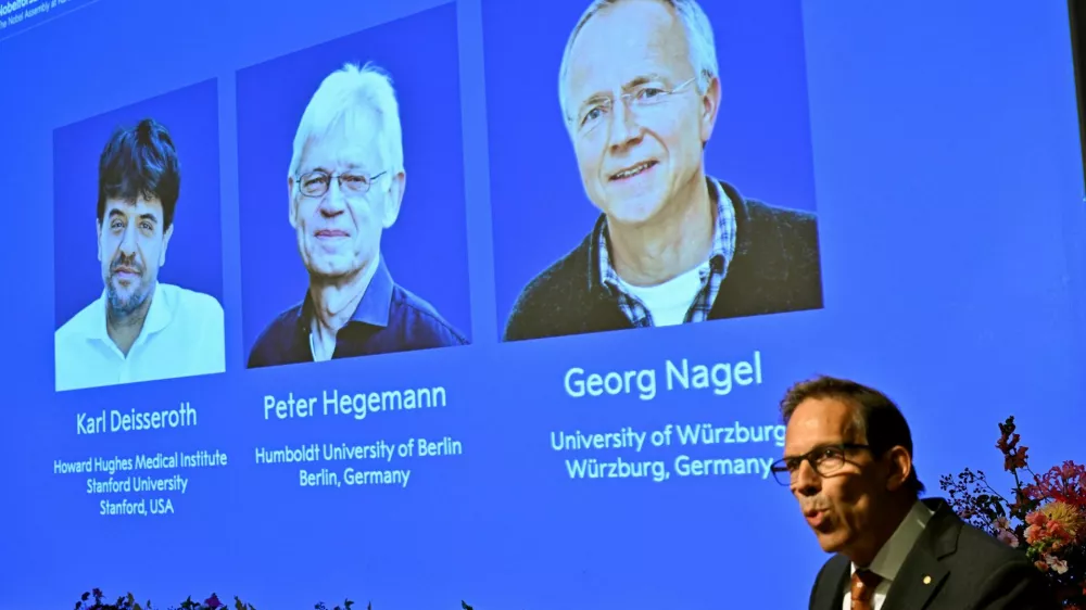 Karl Deisseroth, Peter Hegemann and Georg Nagel are awarded the 2026 Nobel Prize in Physiology or Medicine, as announced during a press conference at the Nobel Forum at Karolinska Institute in Stockholm, Sweden, October 5, 2026. TT News Agency/Pontus Lundahl/via REUTERS   ATTENTION EDITORS - THIS IMAGE WAS PROVIDED BY A THIRD PARTY. SWEDEN OUT. NO COMMERCIAL OR EDITORIAL SALES IN SWEDEN. NO RESALES. NO ARCHIVES.