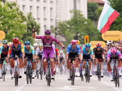 France's Paul Magnier wins the third stage of the Giro d'Italia cycling race, from Plovdiv to Sofia, Bulgaria, Sunday, May 10, 2026. (Fabio Ferrari/LaPresse via AP)