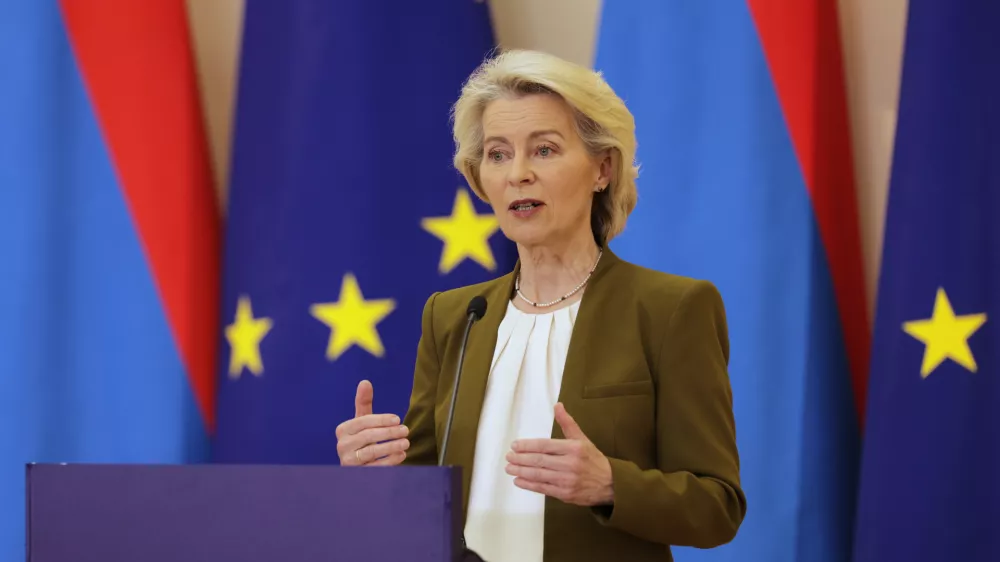 European Commission President Ursula von der Leyen addresses a media conference during the EU-Armenia summit at the Presidential Palace in Yerevan, Armenia, Tuesday, May 5, 2026. (AP Photo/Anthony Pizzoferrato)
