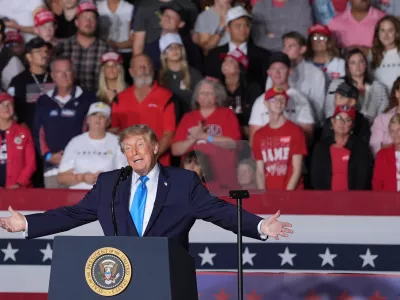 President Donald Trump speaks at a campaign rally at the Pinnacle Bank Expo Center, Monday, Oct. 5, 2026, in Grand Island, Neb. (AP Photo/Alex Brandon)