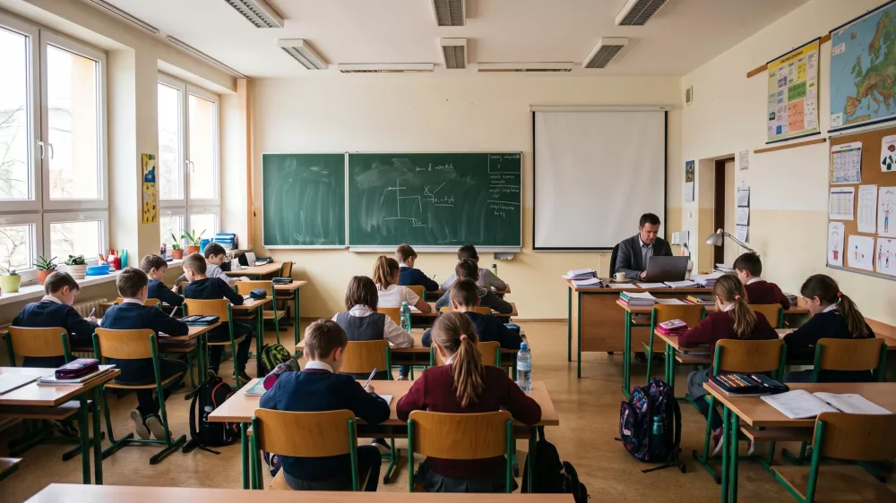Simbolična fotografija. Učitelj v razredu. Ustvarjena z AI