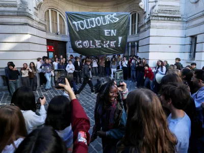 Students gather outside the Athenee Charles Janssens secondary school to protest against education reforms introduced by Wallonia-Brussels Federation Vice-Minister President and Education Minister Val&eacute;rie Glatigny, in Brussels, Belgium, October 6, 2026. REUTERS/Stephanie Lecocq