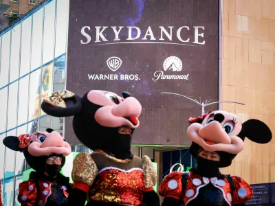 A billboard displaying the logos of Skydance, Warner Bros. and Paramount on the Paramount Global offices in Times Square after the merger of Paramount Skydance and Warner Bros Discovery, in New York City, US, October 6, 2026. REUTERS/Brendan McDermid