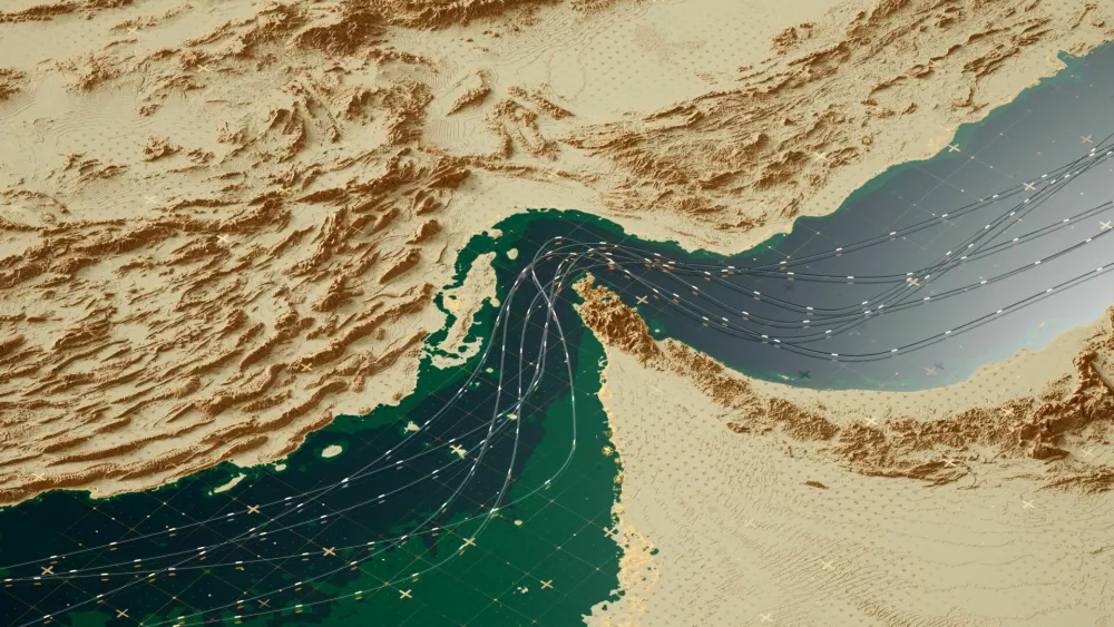 Aerial conceptual map of maritime strait with illuminated shipping lanes, vessel tracks and coastal terrain, representing navigation, global trade, logistics, and strategic sea route access. / Foto: Stanislav Gvozd