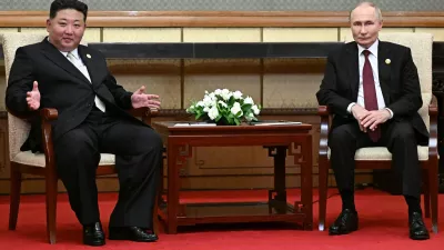 HANDOUT - 03 September 2025, China, Beijing: North Korea's leader Kim Jong Un (L) and Russian President Vladimir Putin (R) attend a joint meeting at the Diaoyutai State Guest House. Photo: -/Kremlin/dpa - ATTENTION: editorial use only and only if the credit mentioned above is referenced in full