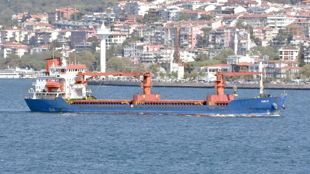 An archive handout image shows the general cargo vessel ABLE in Istanbul, Turkey, at an unknown date. The vessel was struck in a drone attack, which, according to the British maritime risk management group Vanguard, took place within the Bulgarian economic zone of the Black Sea on October 6, 2026, while it was sailing under the flag of Palau. Tony Hogwood/Handout via REUTERS THIS IMAGE HAS BEEN SUPPLIED BY A THIRD PARTY. MANDATORY CREDIT. WATERMARK FROM SOURCE. BEST QUALITY AVAILABLE VERIFICATION: The location was verified by the tower, mosque and waterway, which matched satellite and archive imagery. The vessel was identified as the ABLE by its superstructure and paint, which matched archive imagery of the vessel. British maritime risk management group Vanguard said the Palau-flagged general cargo vessel ABLE was attacked on October 6 within Bulgaria's economic zone.