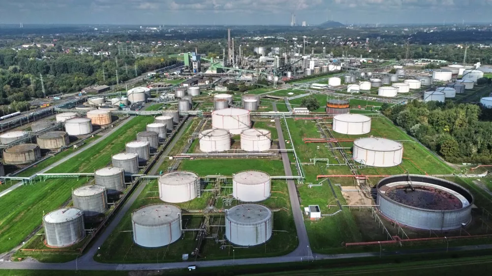 A tank farm is pictured at the Klesch oil refinery (formerly BP) where diesel, gasoline and heating oil are produced in Gelsenkirchen, Germany, Friday, Oct. 2, 2026. (AP Photo/Martin Meissner)