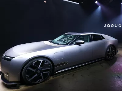 The Jaguar Type 01 all-electric four-door luxury vehicle after it was unveiled at its world premiere event in New York City, US, October 6, 2026. REUTERS/Mike Segar