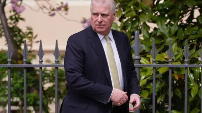 FILE - Britain's Andrew Mountbatten-Windsor, formerly known as Prince Andrew, looks round as he leaves after attending the Easter Matins Service at St. George's Chapel, Windsor Castle, England, April 20, 2025. (AP Photo/Kirsty Wigglesworth, File)