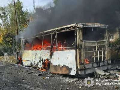 A bus burns following a Russian air strike, amid Russia's attack on Ukraine, in the city of Kramatorsk, in Donetsk region, Ukraine October 8, 2026. Press service of the National Police of Ukraine/Handout via REUTERS ATTENTION EDITORS - THIS IMAGE HAS BEEN SUPPLIED BY A THIRD PARTY. MANDATORY CREDIT.
