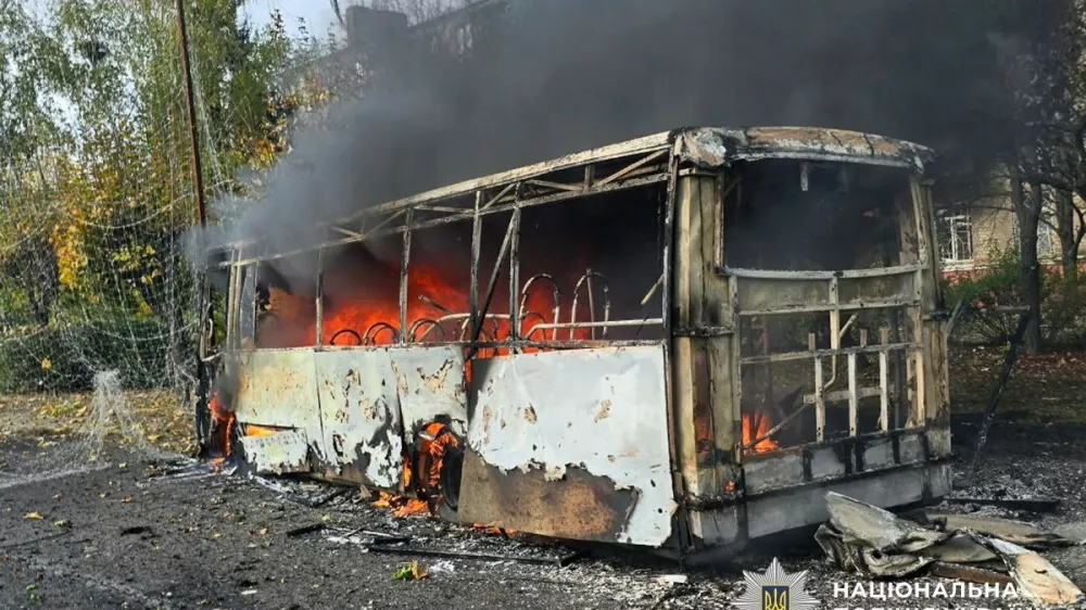 A bus burns following a Russian air strike, amid Russia's attack on Ukraine, in the city of Kramatorsk, in Donetsk region, Ukraine October 8, 2026. Press service of the National Police of Ukraine/Handout via REUTERS ATTENTION EDITORS - THIS IMAGE HAS BEEN SUPPLIED BY A THIRD PARTY. MANDATORY CREDIT.