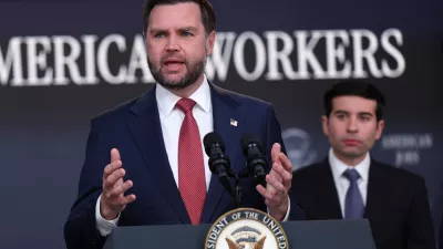 Vice President JD Vance speaks as Labor Secretary Keith Sonderling listens during a news conference on the Fraud Task Force inside the Eisenhower Executive Office Building on the White House campus, Thursday, Oct. 8, 2026, in Washington. (AP Photo/Tom Brenner)