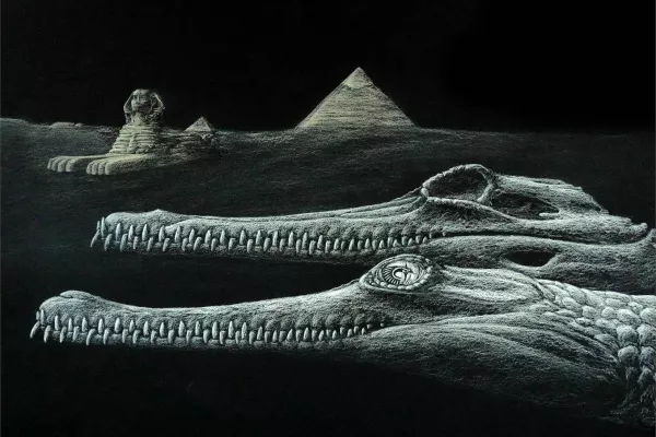 Na umetni&scaron;ki upodobitvi sta v ospredju prazgodovinska krokodila, v ozadju pa znamenita egiptovska sfinga in piramide. Krokodil Herugavialis cairensis je živel pred približno 45 milijoni let, sfinga pa je nastala &scaron;ele mnogo pozneje. / Foto: Ilustracija: Karim Zanaty 