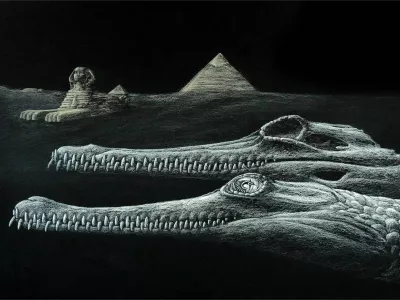 Na umetni&scaron;ki upodobitvi sta v ospredju prazgodovinska krokodila, v ozadju pa znamenita egiptovska sfinga in piramide. Krokodil Herugavialis cairensis je živel pred približno 45 milijoni let, sfinga pa je nastala &scaron;ele mnogo pozneje. / Foto: Ilustracija: Karim Zanaty 