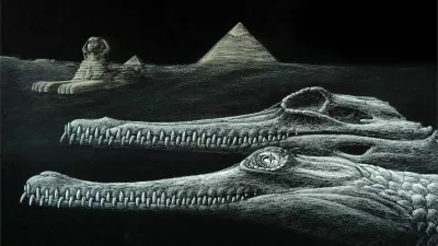 Na umetni&scaron;ki upodobitvi sta v ospredju prazgodovinska krokodila, v ozadju pa znamenita egiptovska sfinga in piramide. Krokodil Herugavialis cairensis je živel pred približno 45 milijoni let, sfinga pa je nastala &scaron;ele mnogo pozneje. / Foto: Ilustracija: Karim Zanaty 