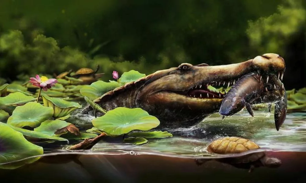 Life reconstruction of Wadisuchus kassabi from the Late Cretaceous of Egypt, showing an adult capturing a lungfish in a wetland, with a juvenile nearby. The scene highlights the ancient ecosystem, including turtles and lush vegetation, based on fossil evidence from the Quseir Formation. A sharp-toothed fossil found in an Egyptian desert proves that sea-going crocodiles originated in Africa, according to scientists. They say the earliest long-snouted fossil crocodile that was around 12 feet long lived about 80 million years ago. The species, dubbed Wadisuchus kassabi, has been recognised as the earliest known member of Dyrosauridae - a group of ancient crocs that differed markedly from their modern relatives.Photo released 02/11/2025,Image: 1049974467, License: Rights-managed, Restrictions: Editorial use, commercial use may require additional licenses. We don't use AI to make images which could be mistaken for news photos. AI use will be clearly indicated. Supplied on condition you ensure personal data is processed in compliance with UK GDPR, Model Release: no / Foto: Profimedia