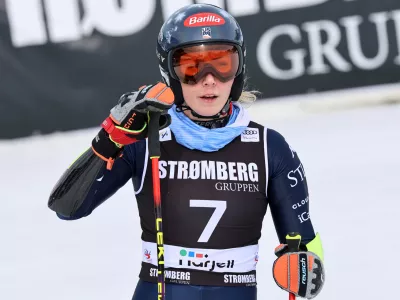 United States' Mikaela Shiffrin at the finish area of an alpine ski, women's giant slalom race, at the Lillehammer World Cup Finals, in Hafjell, Norway, Wednesday, March 25, 2026. (AP Photo/Marco Trovati)