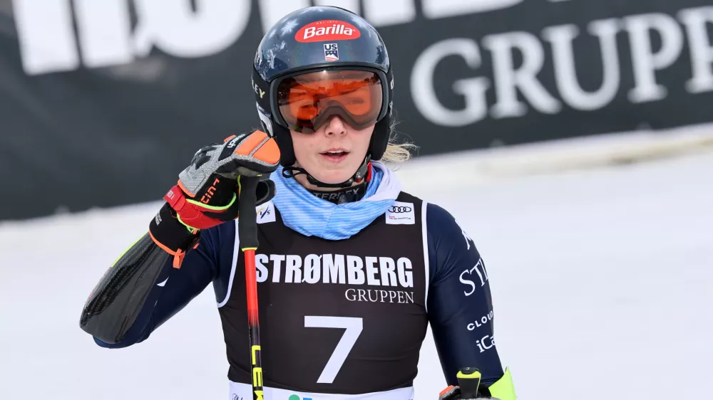 United States' Mikaela Shiffrin at the finish area of an alpine ski, women's giant slalom race, at the Lillehammer World Cup Finals, in Hafjell, Norway, Wednesday, March 25, 2026. (AP Photo/Marco Trovati)