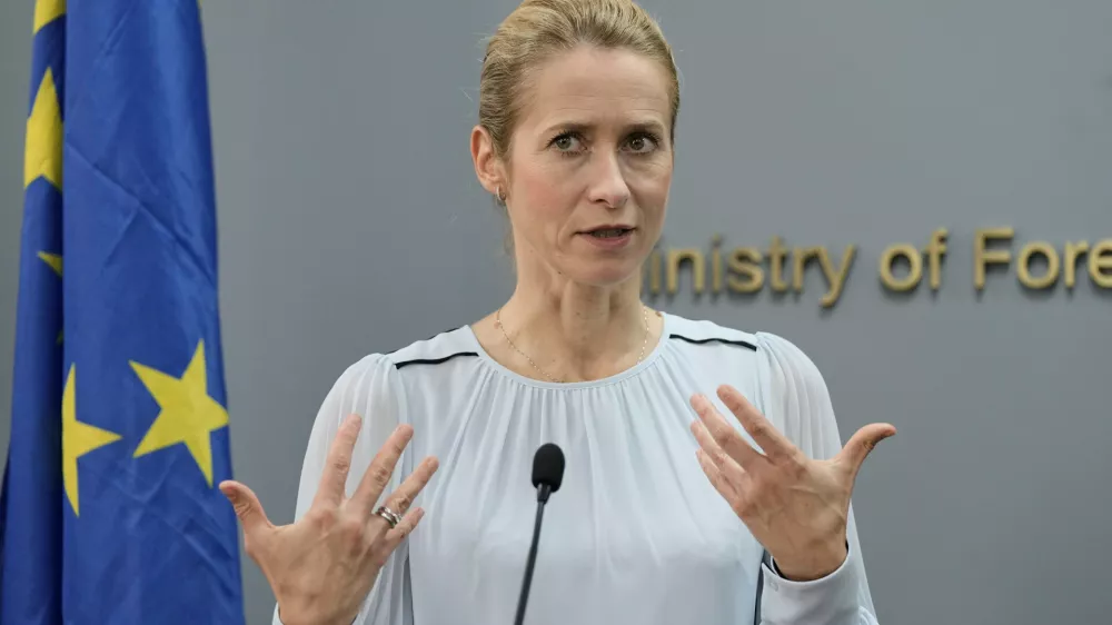 European Union foreign policy chief Kaja Kallas speaks during a joint news conference with Lebanese Foreign Minister Youssef Rajji in Beirut, Lebanon, Thursday, Oct. 8, 2026. (AP Photo/Bilal Hussein)