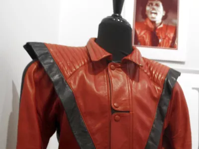 In this May 26, 2011 photo, a worn and signed "Thriller" Jacket that belonged to Michael Jackson is displayed at Julien's Auctions in Beverly Hills, Calif. This item is among the memorabilia available for auction on June 25 and June 26, 2011, at Julien's Auctions. (AP Photo/Matt Sayles)