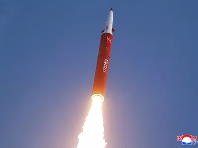 An intermediate-range missile is fired during a drill overseen by North Korean leader Kim Jong Un from the eastern region of the country toward the East Sea in North Korea, October 3, 2026, in this picture released by North Korea's official Korean Central News Agency. KCNA via REUTERS  ATTENTION EDITORS - THIS IMAGE WAS PROVIDED BY A THIRD PARTY. REUTERS IS UNABLE TO INDEPENDENTLY VERIFY THIS IMAGE. NO THIRD PARTY SALES. SOUTH KOREA OUT. NO COMMERCIAL OR EDITORIAL SALES IN SOUTH KOREA.