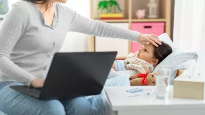 family, health and people concept - ill daughter and mother with laptop computer at home