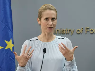 European Union foreign policy chief Kaja Kallas speaks during a joint news conference with Lebanese Foreign Minister Youssef Rajji in Beirut, Lebanon, Thursday, Oct. 8, 2026. (AP Photo/Bilal Hussein)