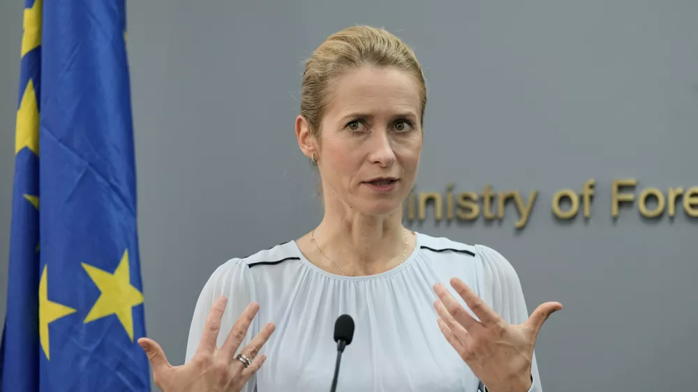 European Union foreign policy chief Kaja Kallas speaks during a joint news conference with Lebanese Foreign Minister Youssef Rajji in Beirut, Lebanon, Thursday, Oct. 8, 2026. (AP Photo/Bilal Hussein)