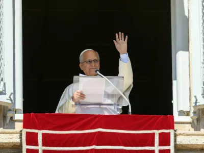 Pope Leo leads the Angelus prayer from the window of the Apostolic Palace at the Vatican, October 11, 2026. Vatican Media/Elisabetta Trevisan/&shy;Handout via REUTERS  ATTENTION EDITORS - THIS IMAGE WAS PROVIDED BY A THIRD PARTY.   TPX IMAGES OF THE DAY