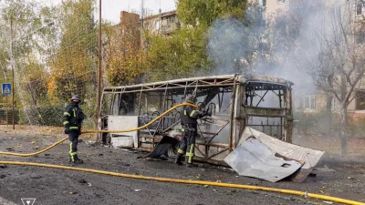 Firefighters work at the site of a Russian air strike, where a bus was hit, amid Russia's attack on Ukraine, in the city of Kramatorsk, in Donetsk region, Ukraine October 8, 2026. Press service of the State Emergency Service of Ukraine in Donetsk region/Handout via REUTERS ATTENTION EDITORS - THIS IMAGE HAS BEEN SUPPLIED BY A THIRD PARTY. DO NOT OBSCURE LOGO.