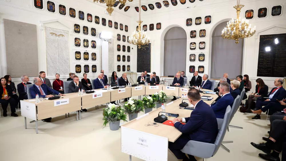 The opening session of the 2025 Arraiolos Group meeting takes place in Tallinn, Estonia, on October 10, 2025. (Photo by STR/NurPhoto)NO USE FRANCE