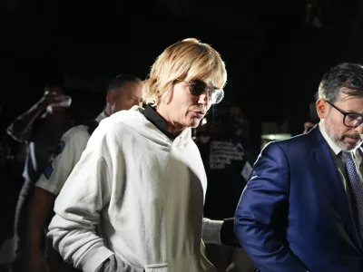 Selma Blair leaves court on Monday, Oct. 12, 2026, in New York after her arraignment on charges of injuring two flight attendants during a cross-country flight. (AP Photo/Ryan Murphy)