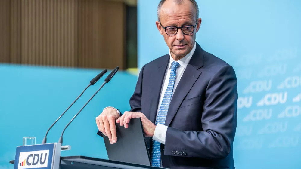 German Chancellor Friedrich Merz attends the press conference following the CDU Federal Executive Committee meeting and the special session of the party presidium, in Berlin Monday, Oct. 12, 2026. (Michael Kappeler/dpa via AP)