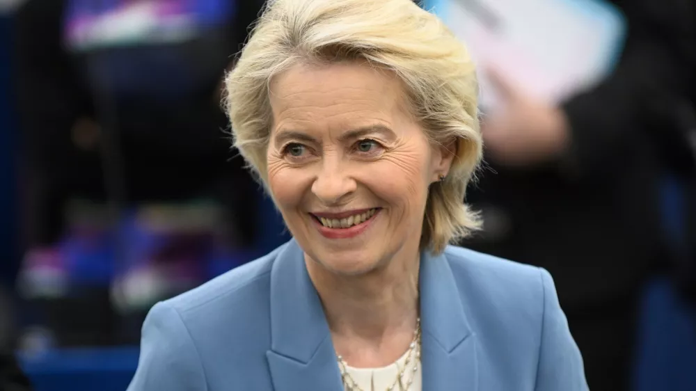 European Commission President Ursula von der Leyen attends a joint debate ahead to the 15-16 October EU summit in Strasbourg, France, Tuesday, Oct. 6, 2026. (AP Photo/Pascal Bastien)