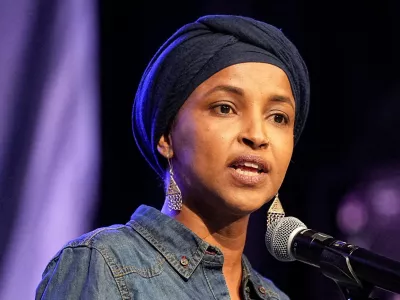 FILE PHOTO: U.S. Representative Ilhan Omar (D-MN) speaks during a campaign rally for Minnesota Lt. Gov. Peggy Flanagan, who is running against Angie Craig for the Democratic nomination to fill Tina Smith's senate seat, in Minneapolis, Minnesota, U.S., July 20, 2026. REUTERS/Tim Evans/File Photo