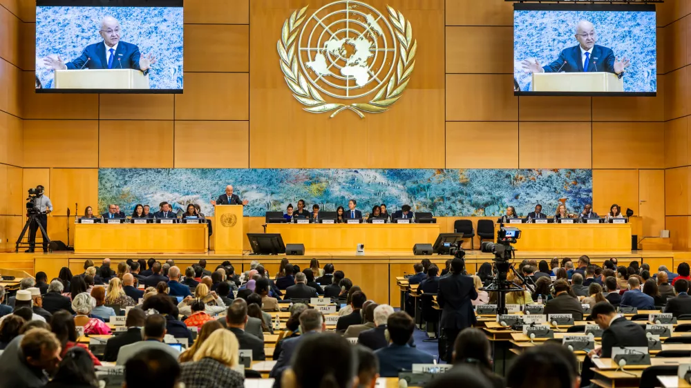 Barham Salih, UN High Commissioner for Refugees (UNHCR), delivers his statement, during the UNHCR's 77th annual Executive Committee, at the European headquarters of the United Nations, in Geneva, Switzerland, Monday, Oct. 12, 2026. (Salvatore Di Nolfi/Keystone via AP)