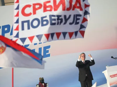 Serbian President Aleksandar Vucic attends a rally in Belgrade, Serbia, June 27, 2026. REUTERS/Djordje Kojadinovic