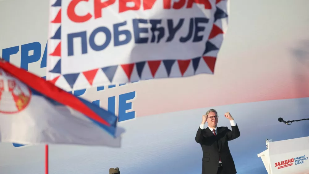 Serbian President Aleksandar Vucic attends a rally in Belgrade, Serbia, June 27, 2026. REUTERS/Djordje Kojadinovic