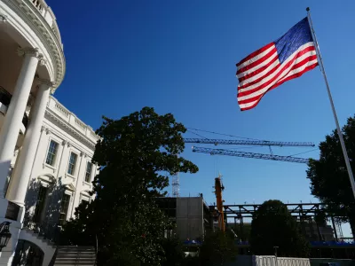 Work continues on building the White House ballroom, as seen from the South Lawn of the White House, Tuesday, Oct. 13, 2026, in Washington. (AP Photo/Julia Demaree Nikhinson)