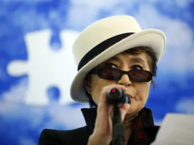 Artist and musician Yoko Ono speaks at the unveiling of her original mural titled PROMISE at the United Nations in New York April 2, 2009. The mural will be auctioned off in support of Autism Speaks as part of the 2nd Annual World Autism Awareness Day. REUTERS/Eric Thayer (UNITED STATES ENTERTAINMENT SOCIETY HEADSHOT HEALTH)