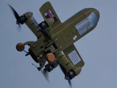 In this file photo taken Thursday, March 19, 2026, a Sting interceptor drone flies during drills in the Kyiv region, Ukraine. (AP Photo/Efrem Lukatsky)