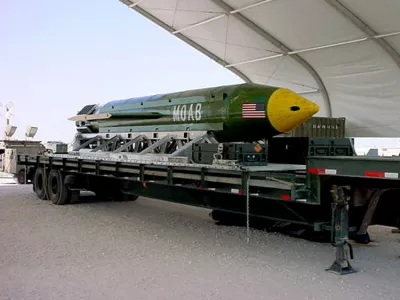 The GBU-43/B Massive Ordnance Air Blast (MOAB) bomb is pictured in this undated handout photo. Elgin Air Force Base/Handout via REUTERS ATTENTION EDITORS - THIS IMAGE WAS PROVIDED BY A THIRD PARTY. EDITORIAL USE ONLY.
